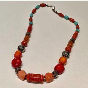 Moroccan Berber Style Red Coral Copal Turquoise Silver Beaded Necklace 24”